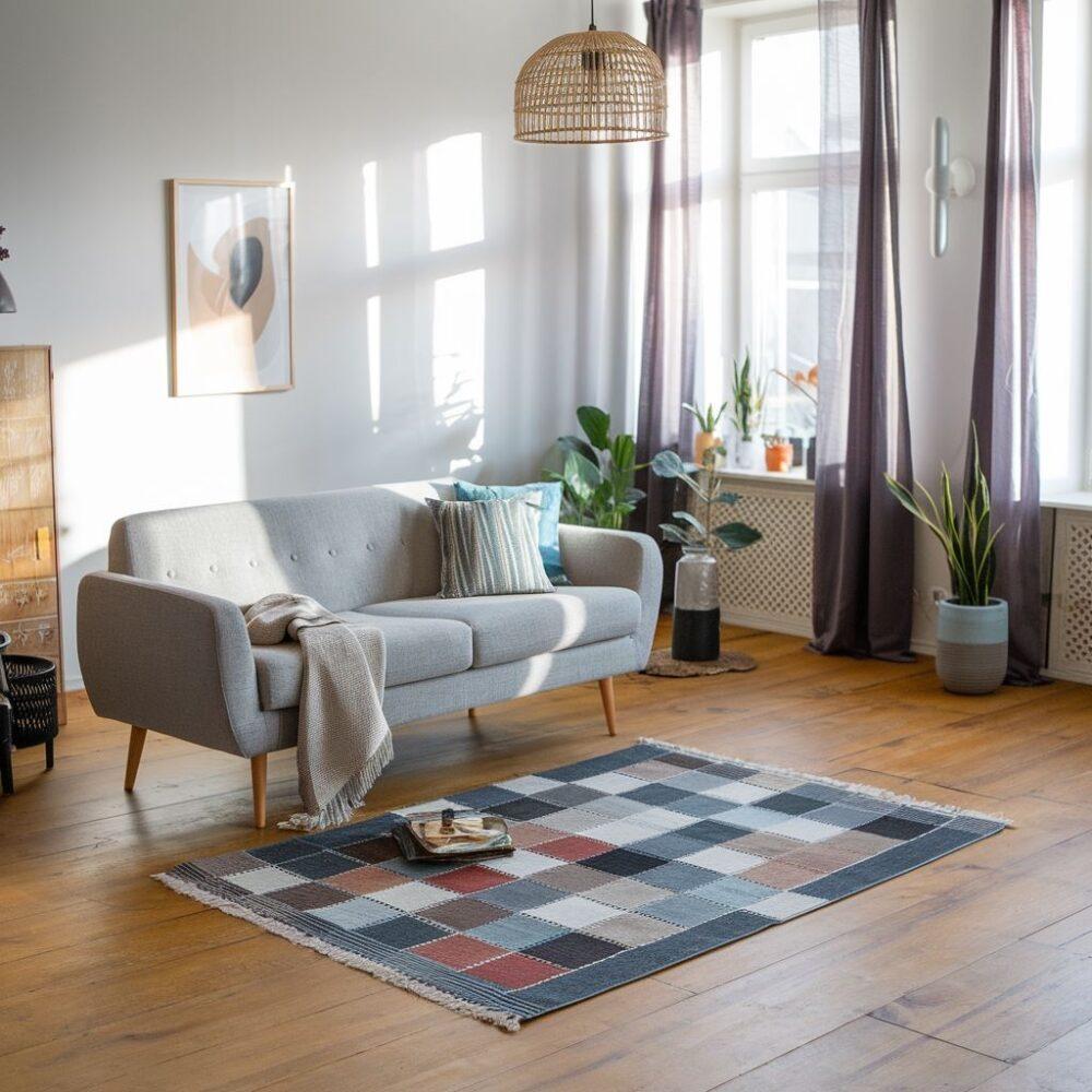 dywan przy szarej kanapie