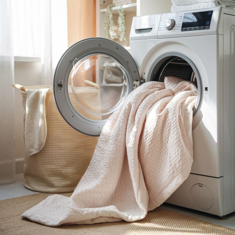 pralka i świeża pościel