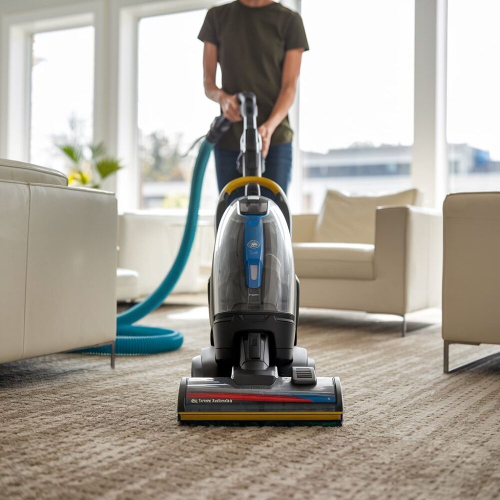 ręce obsługujące odkurzacz piorący